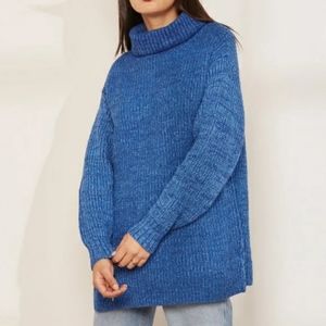 Free People Eleven Turtleneck Longline Knit Sweater Blue Small